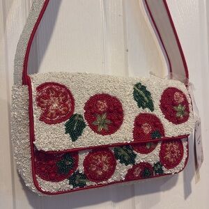 BNWT MADE IN INDIA Viral Red and White Tomato Leaf Beaded Shoulder Bag